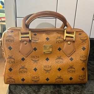 MCM Small Boston Bag Brown Visetos Canvas Top Handle